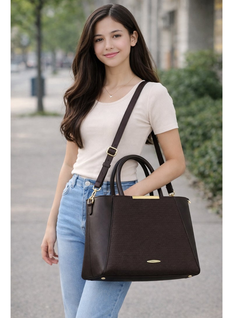 Women’s Shoulder Bag Elegant Textured Satchel with Adjustable Crossbody Strap Spacious Trendy Dusty Tote for Work & Daily Use (Brown) - Image 2